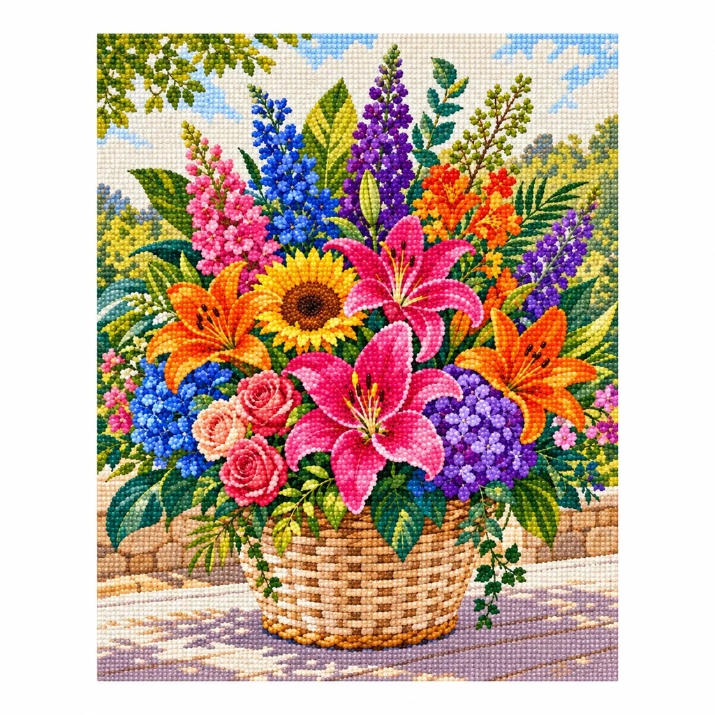 Completed diamond painting for Summer Garden Bouquet Diamond Painting Kit on a white background