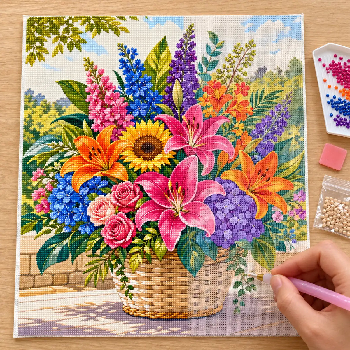 Hands-on painting process for Summer Garden Bouquet Diamond Painting Kit