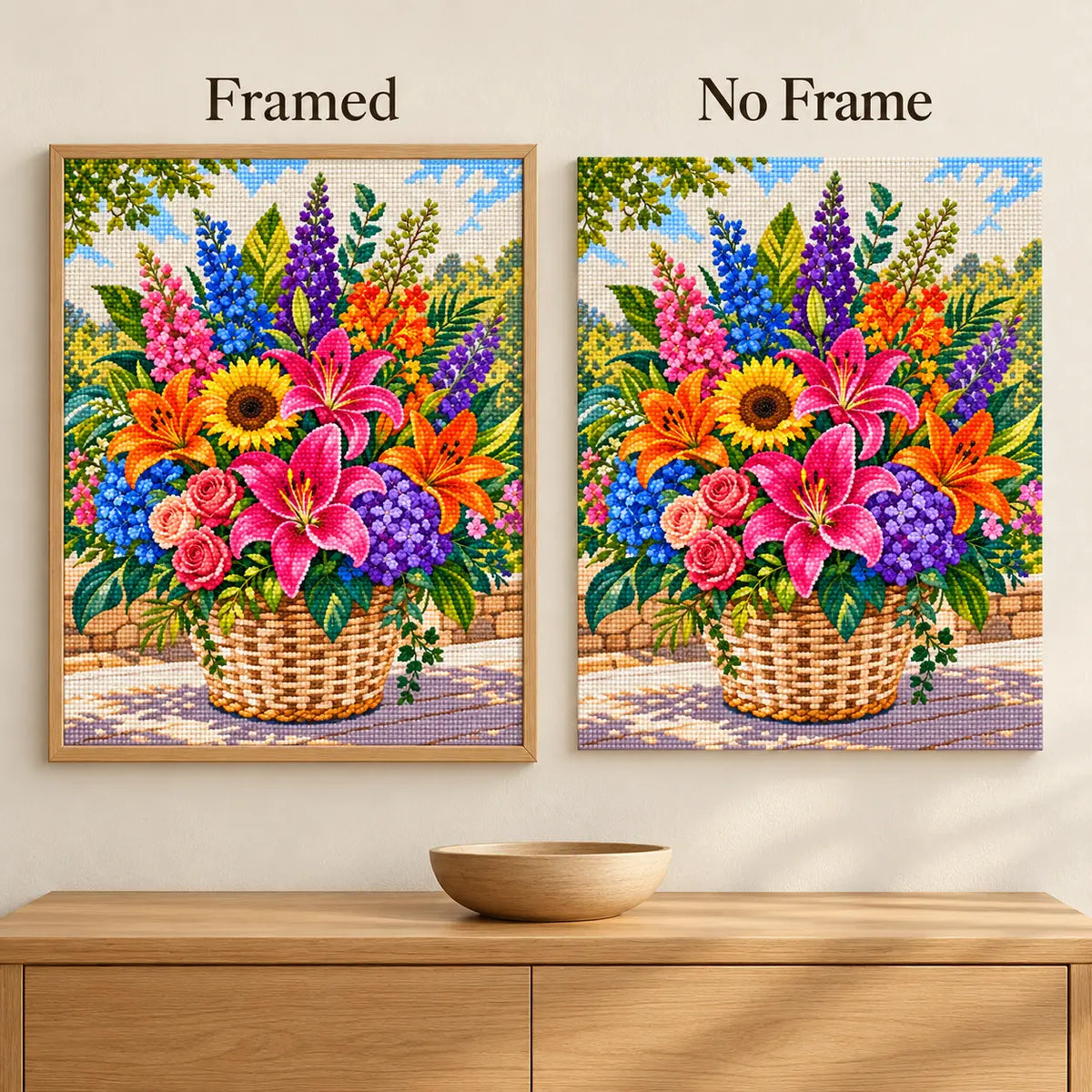 Framed and no-frame comparison for Summer Garden Bouquet Diamond Painting Kit