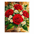 Completed diamond painting for Crimson Roses in Bloom Diamond Painting Kit on a white background