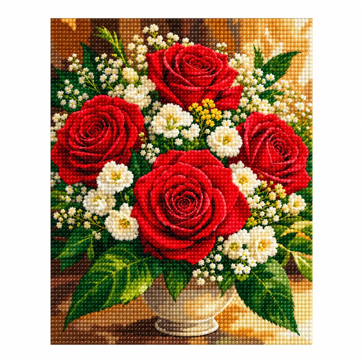 Completed diamond painting for Crimson Roses in Bloom Diamond Painting Kit on a white background
