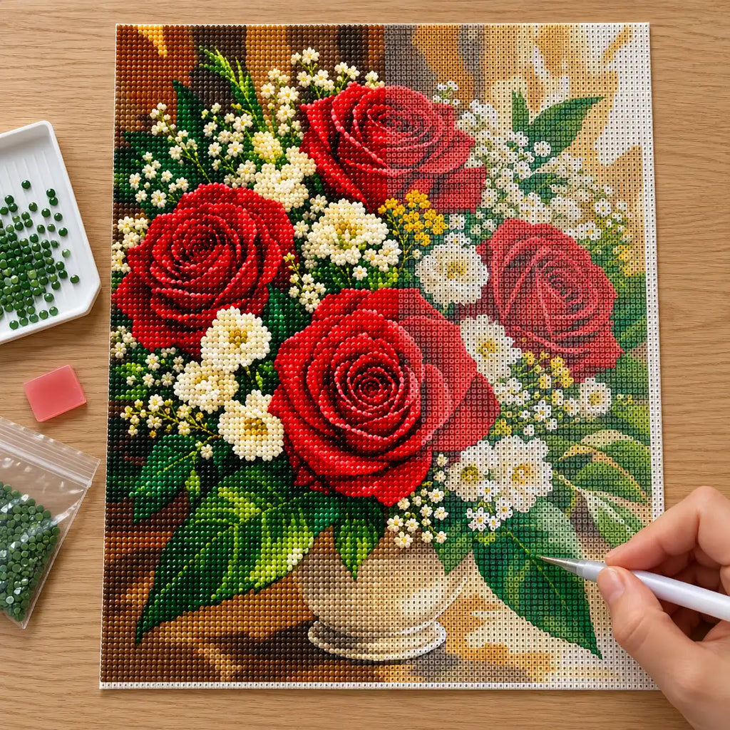 Hands-on painting process for Crimson Roses in Bloom Diamond Painting Kit