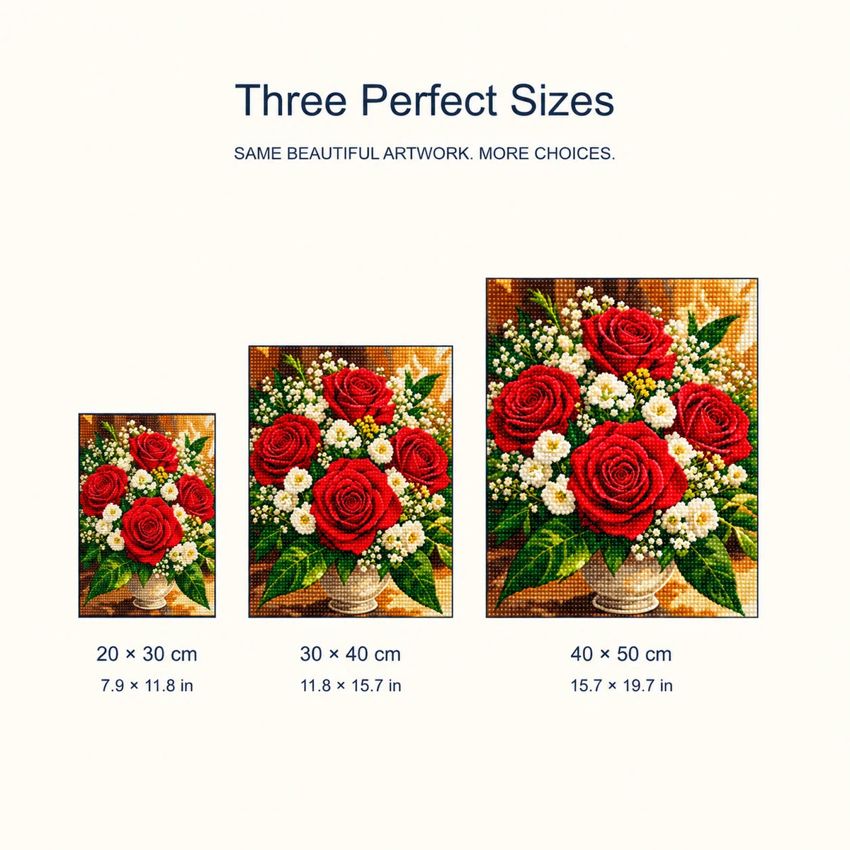 Size guide for Crimson Roses in Bloom Diamond Painting Kit
