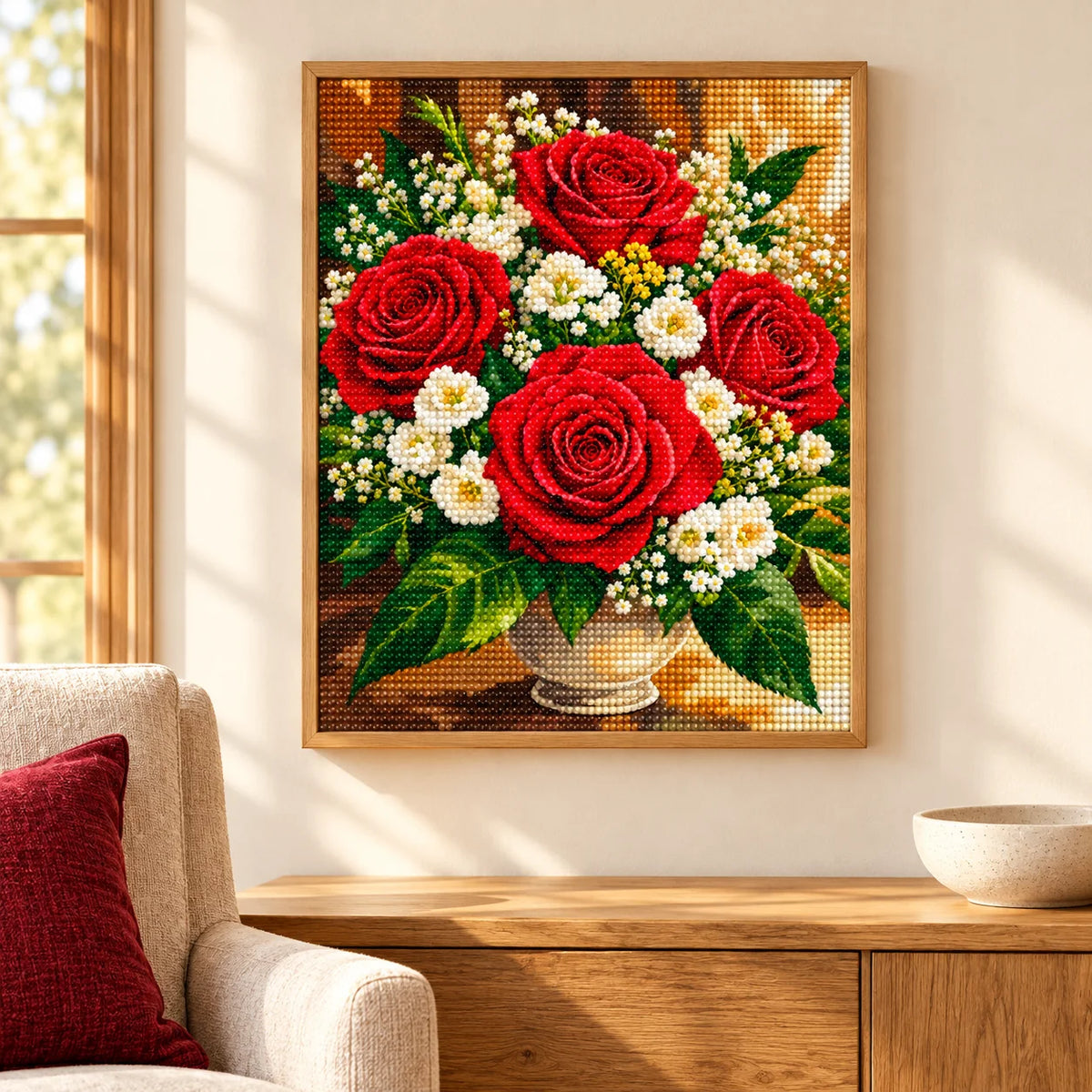 Home decor scene for Crimson Roses in Bloom Diamond Painting Kit