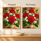 Framed and no-frame comparison for Crimson Roses in Bloom Diamond Painting Kit