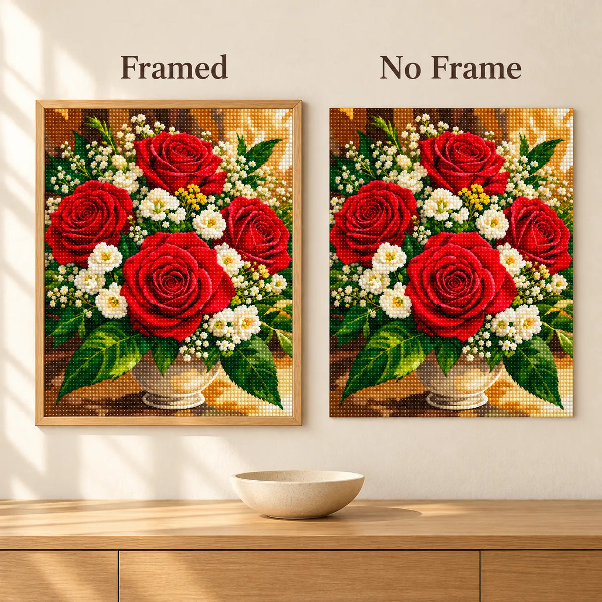 Framed and no-frame comparison for Crimson Roses in Bloom Diamond Painting Kit