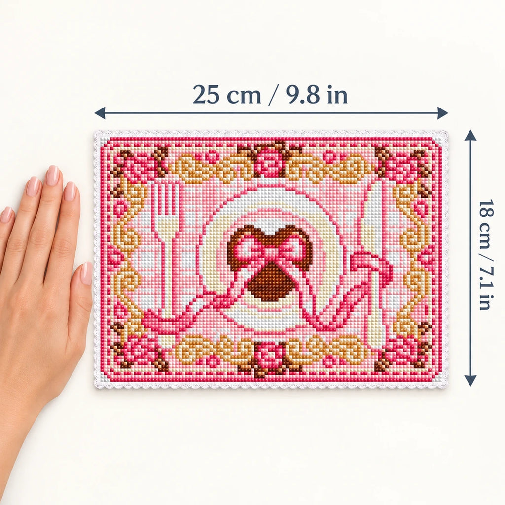 Diamond painting placemat size guide showing 25 by 18 centimeters