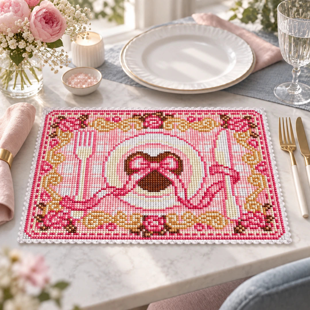 Pink diamond painting placemat styled on a dining table