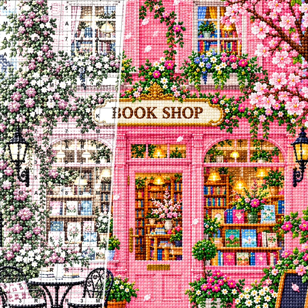 Close detail of the Pink Blossom Bookshop diamond painting canvas and drills