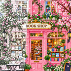 Close detail of the Pink Blossom Bookshop diamond painting canvas and drills