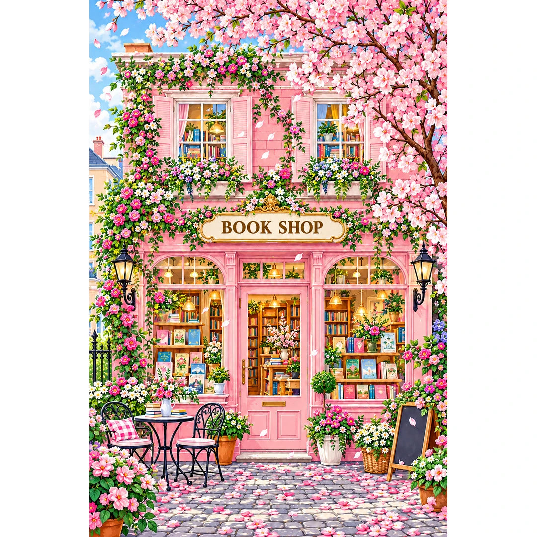 Pink Blossom Bookshop original artwork on white background