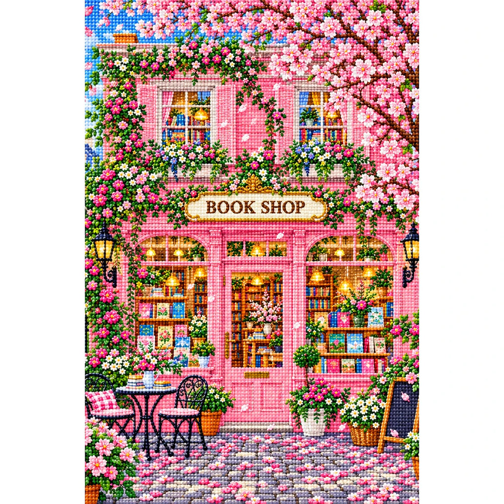 Pink Blossom Bookshop finished diamond painting on white background