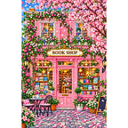 Pink Blossom Bookshop finished diamond painting on white background