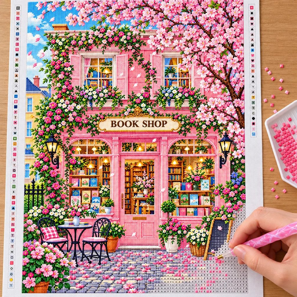 Placing resin drills on the Pink Blossom Bookshop diamond painting