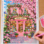 Placing resin drills on the Pink Blossom Bookshop diamond painting