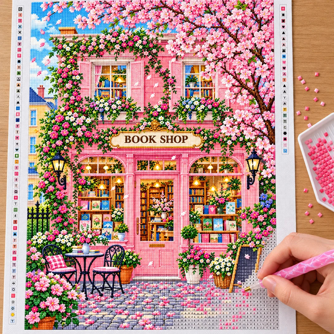Placing resin drills on the Pink Blossom Bookshop diamond painting