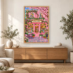 Pink Blossom Bookshop diamond painting displayed in a bright home interior