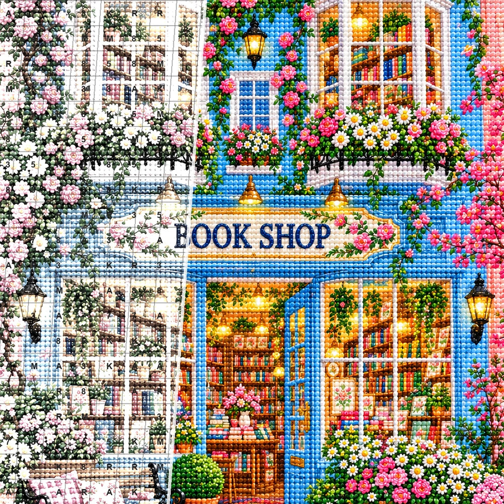 Close detail of the Blue Window Floral Bookshop diamond painting canvas and drills