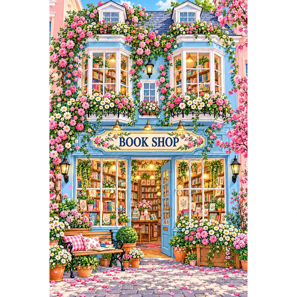Blue Window Floral Bookshop original artwork on white background