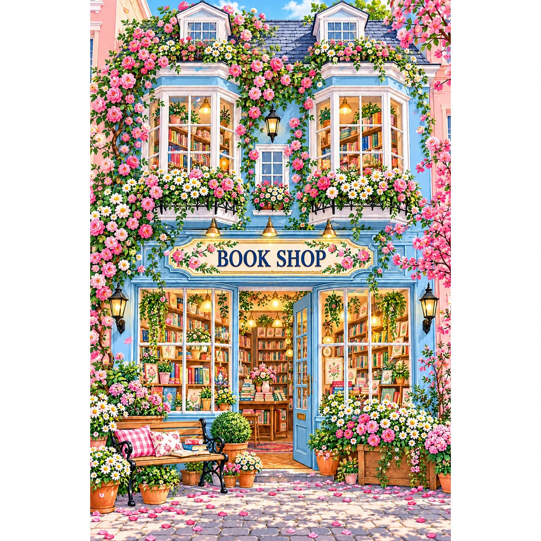 Blue Window Floral Bookshop original artwork on white background