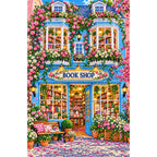 Blue Window Floral Bookshop finished diamond painting on white background