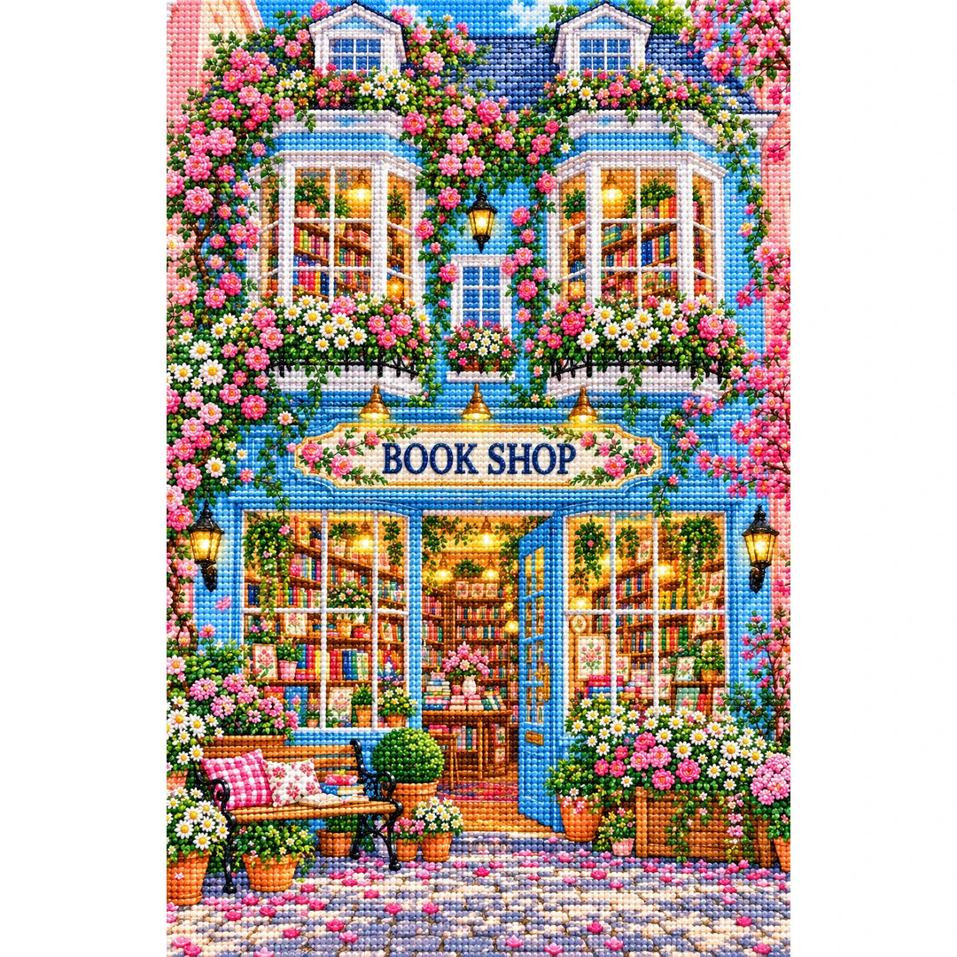 Blue Window Floral Bookshop finished diamond painting on white background