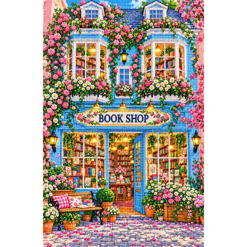 Blue Window Floral Bookshop finished diamond painting on white background