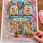 Placing resin drills on the Blue Window Floral Bookshop diamond painting