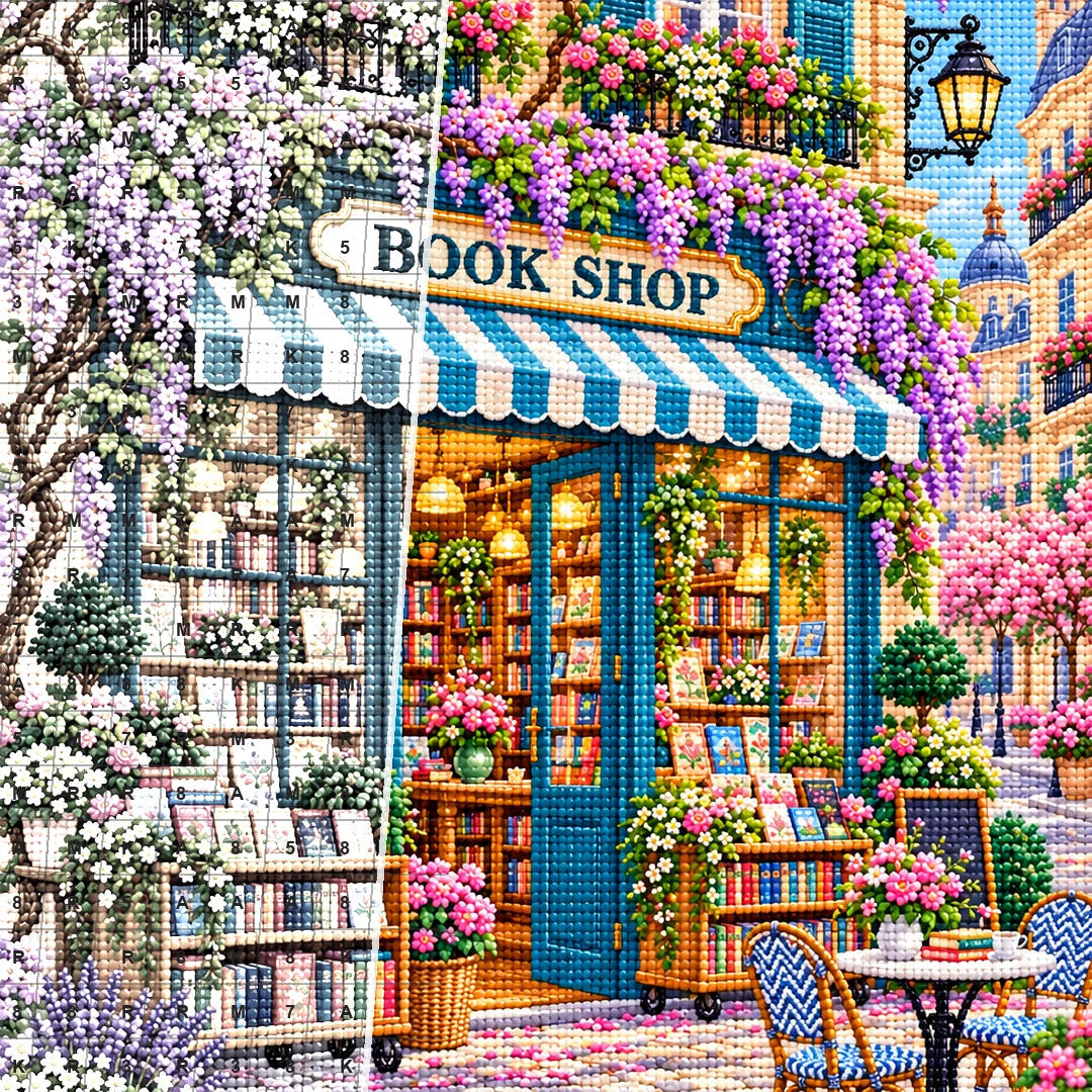 Close detail of the Wisteria Awning Bookshop diamond painting canvas and drills