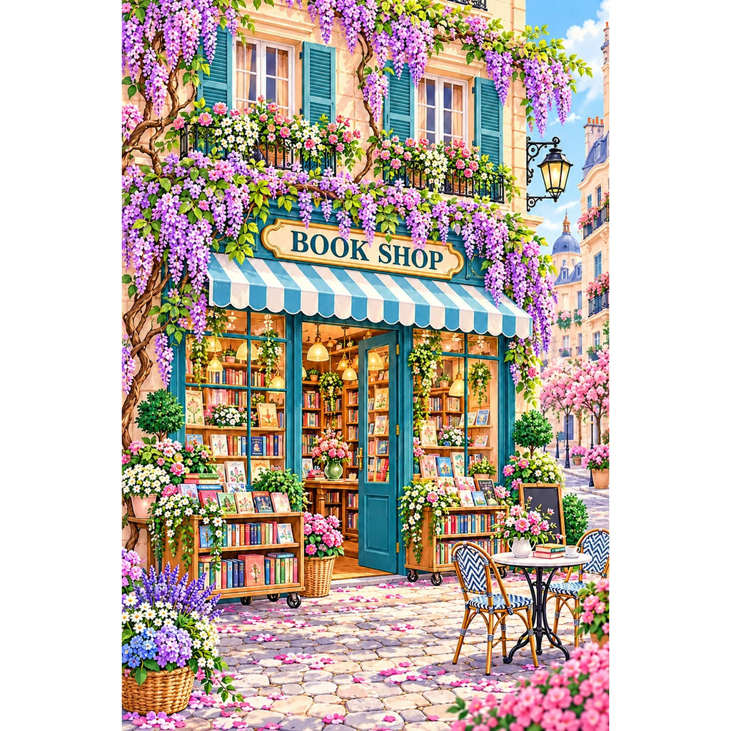 Wisteria Awning Bookshop original artwork on white background