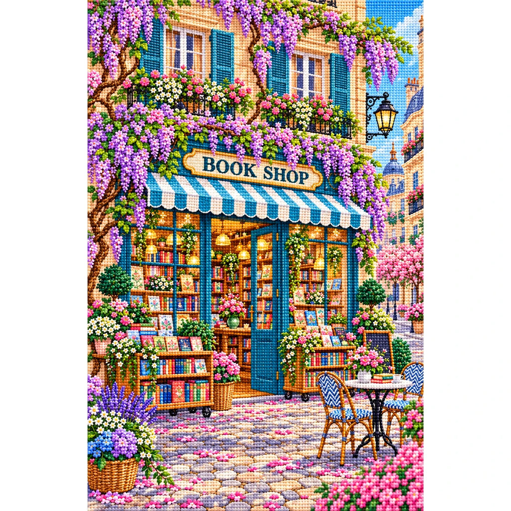 Wisteria Awning Bookshop finished diamond painting on white background