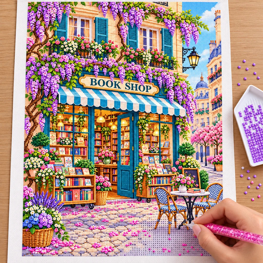 Placing resin drills on the Wisteria Awning Bookshop diamond painting