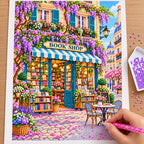Placing resin drills on the Wisteria Awning Bookshop diamond painting