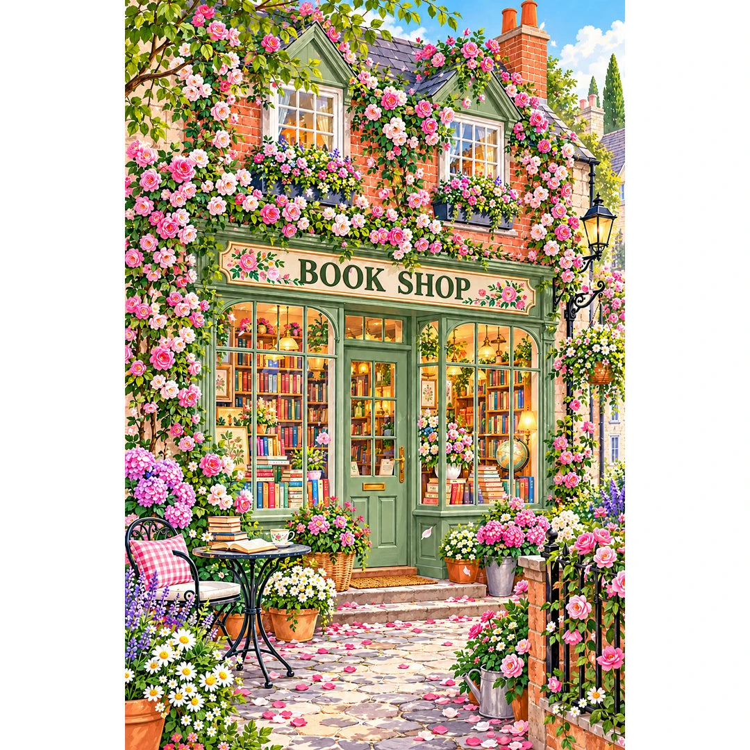 Green Door Rose Bookshop original artwork on white background