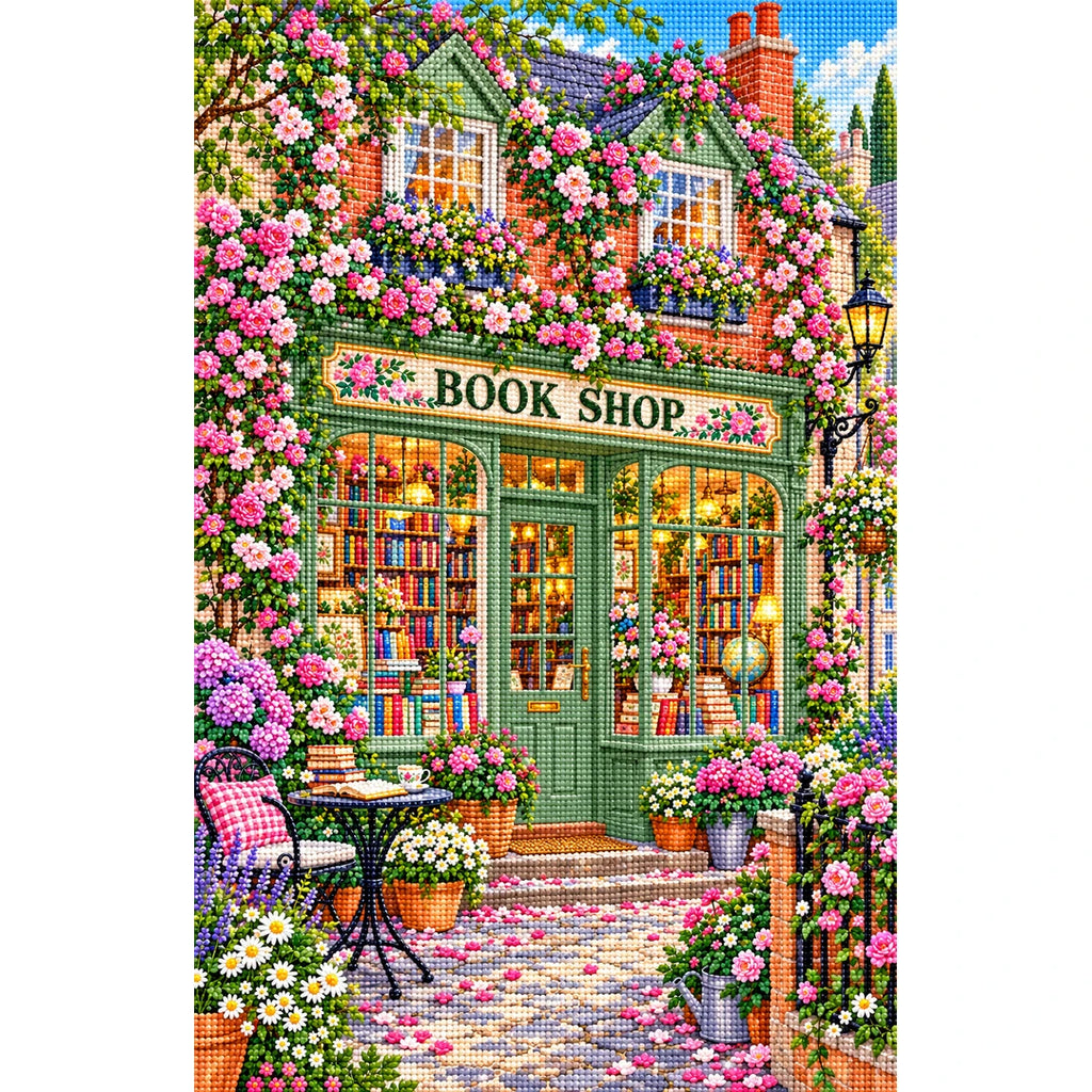 Green Door Rose Bookshop finished diamond painting on white background