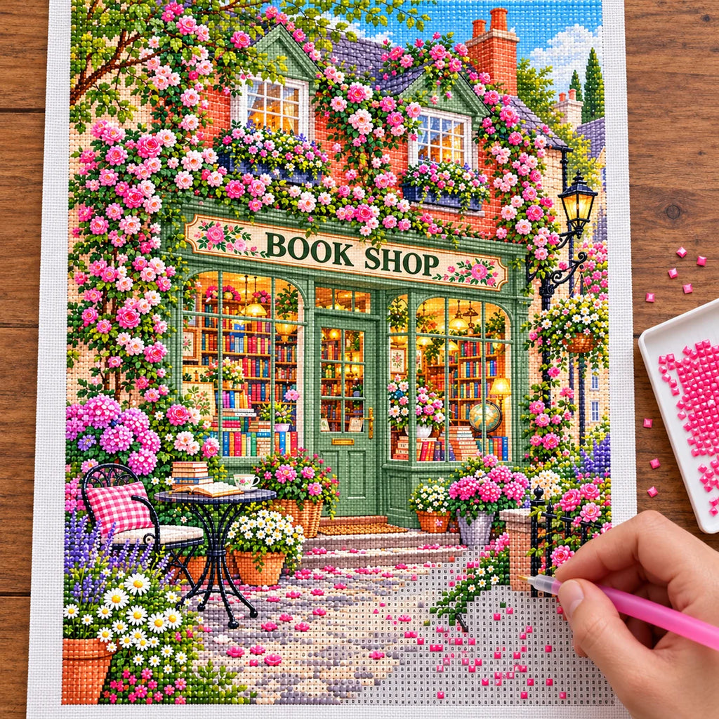 Placing resin drills on the Green Door Rose Bookshop diamond painting
