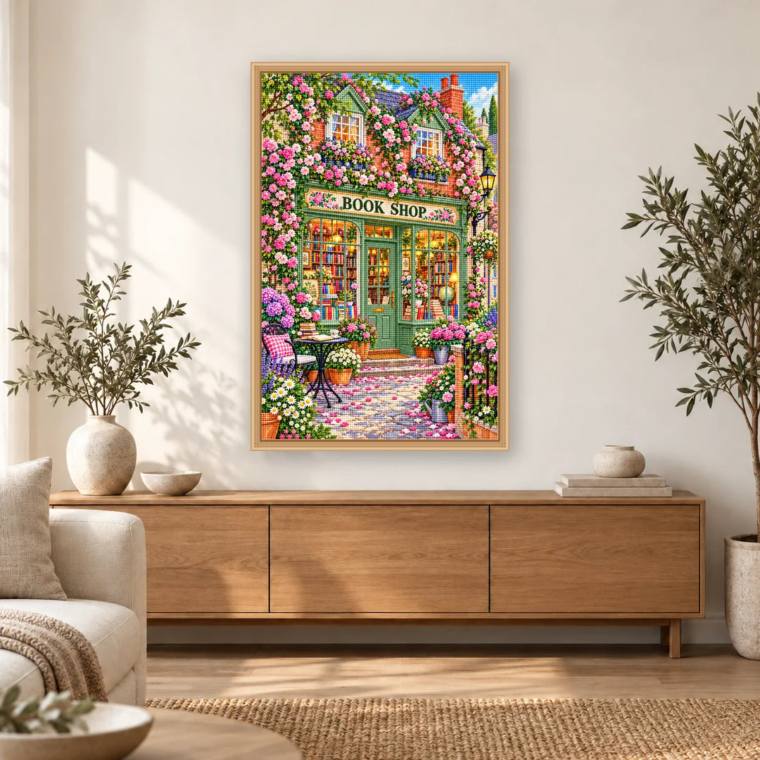 Green Door Rose Bookshop diamond painting displayed in a bright home interior