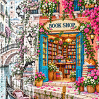 Close detail of the Venetian Canal Flower Bookshop diamond painting canvas and drills