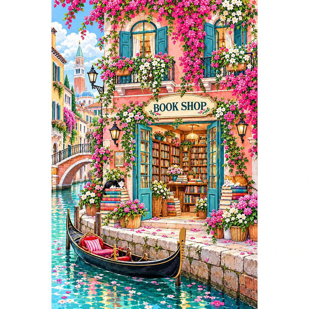 Venetian Canal Flower Bookshop original artwork on white background