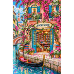 Venetian Canal Flower Bookshop finished diamond painting on white background