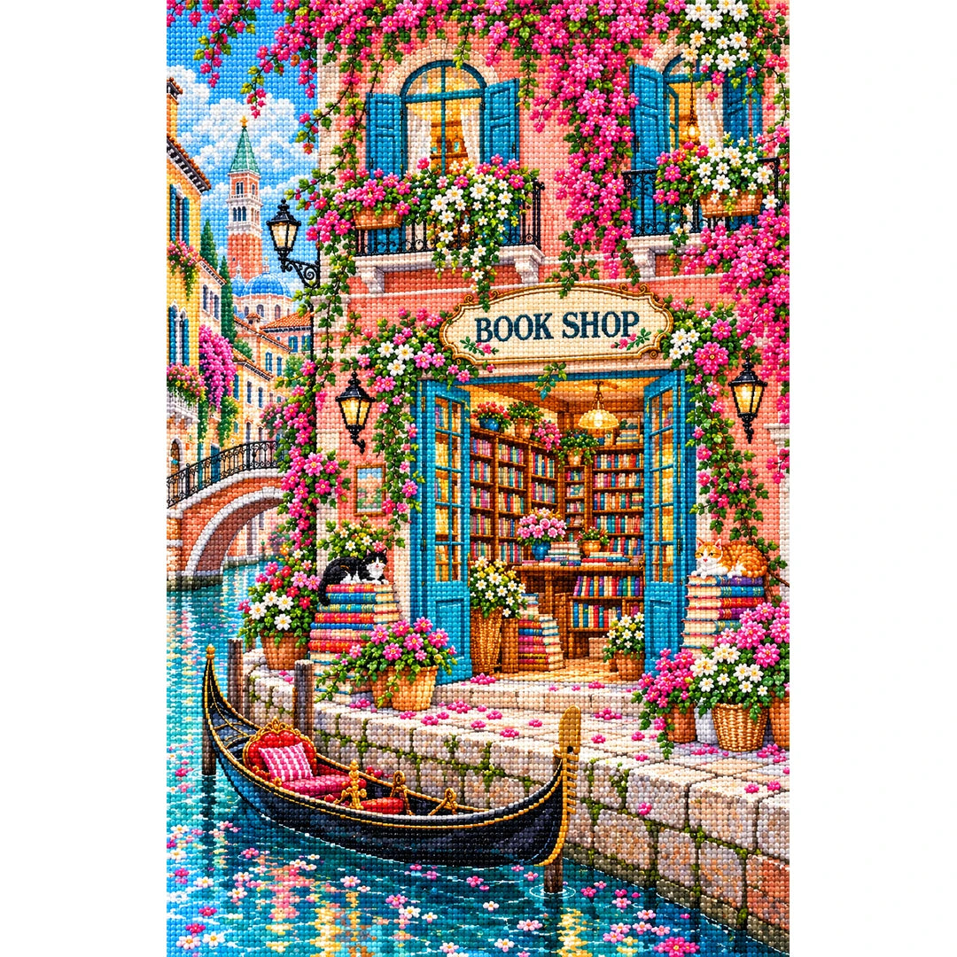 Venetian Canal Flower Bookshop finished diamond painting on white background
