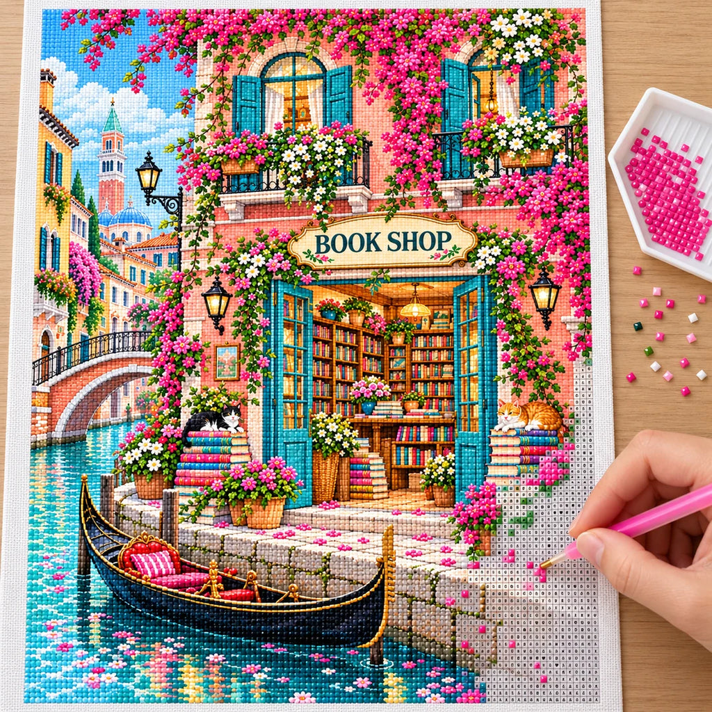 Placing resin drills on the Venetian Canal Flower Bookshop diamond painting