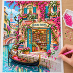 Placing resin drills on the Venetian Canal Flower Bookshop diamond painting