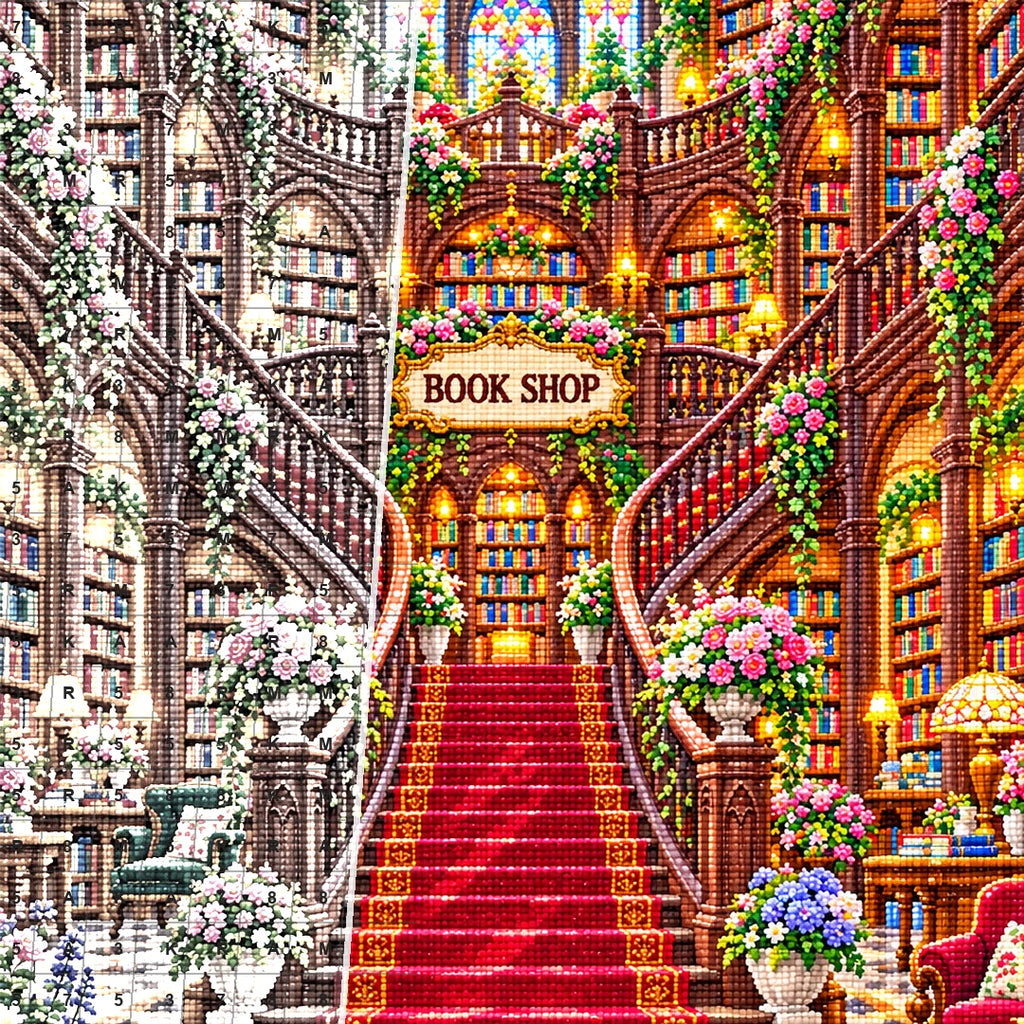 Close detail of the Grand Stained Glass Bookshop diamond painting canvas and drills