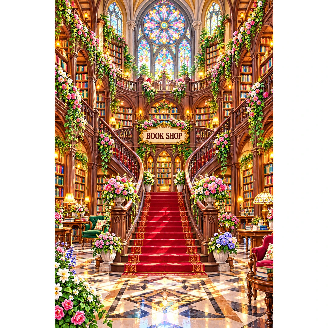 Grand Stained Glass Bookshop original artwork on white background