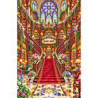 Grand Stained Glass Bookshop finished diamond painting on white background