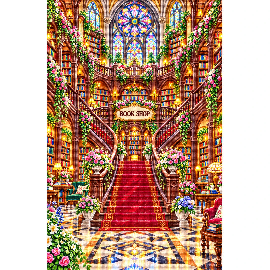 Grand Stained Glass Bookshop finished diamond painting on white background