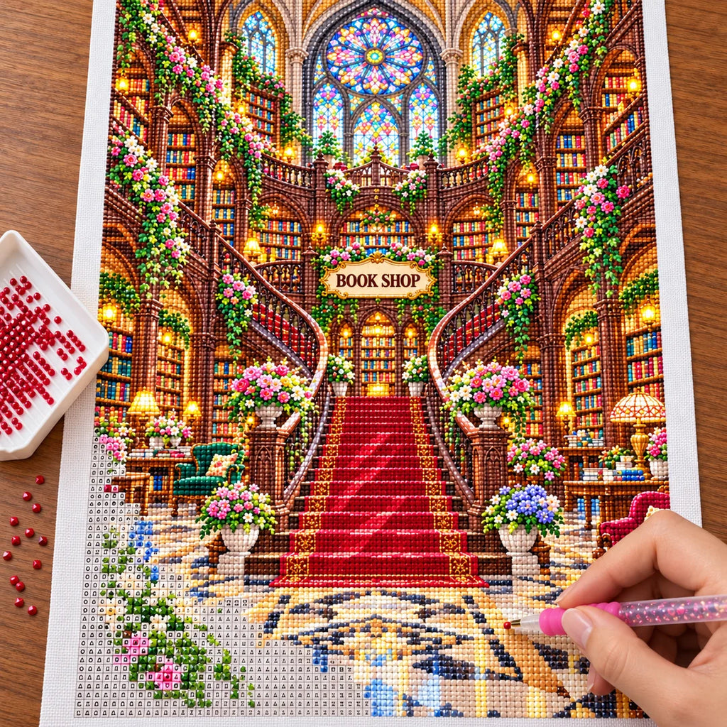 Placing resin drills on the Grand Stained Glass Bookshop diamond painting