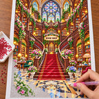 Placing resin drills on the Grand Stained Glass Bookshop diamond painting