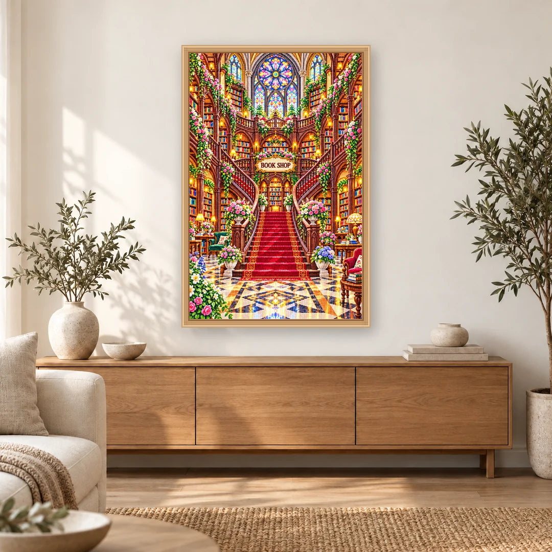 Grand Stained Glass Bookshop diamond painting displayed in a bright home interior